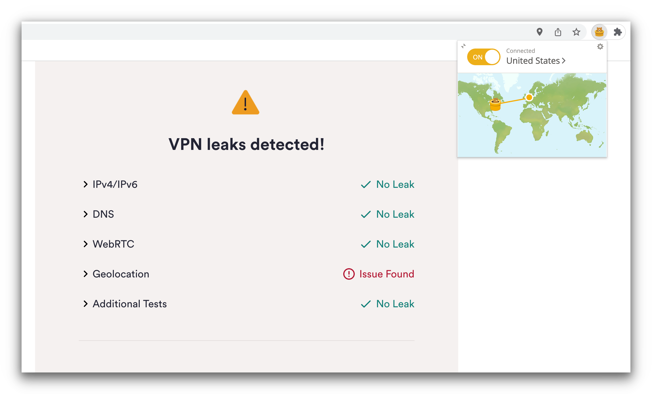 Prueba de fugas de VPN con TunnelBear mostrando que filtra tu información de geolocalización.