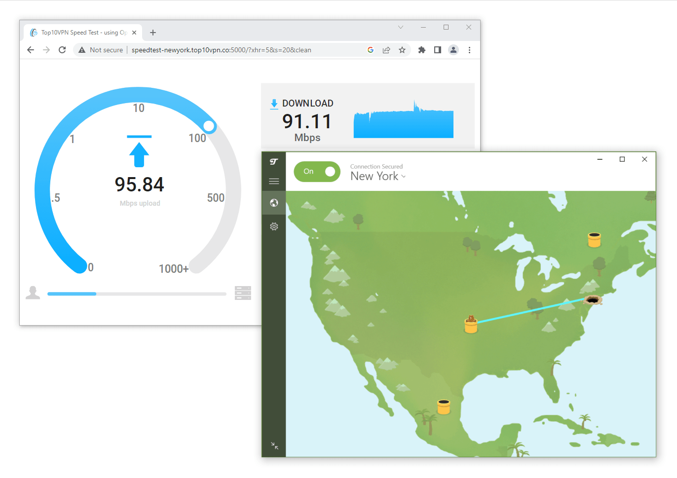 Captura de las pruebas de velocidad de TunnelBear VPN.