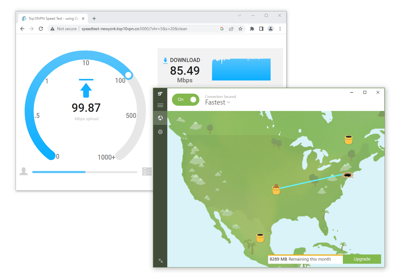 Schermata dei test di velocità con TunnelBear Gratis.