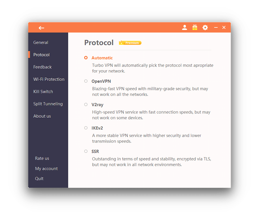 Liste des protocoles disponibles sur Turbo VPN