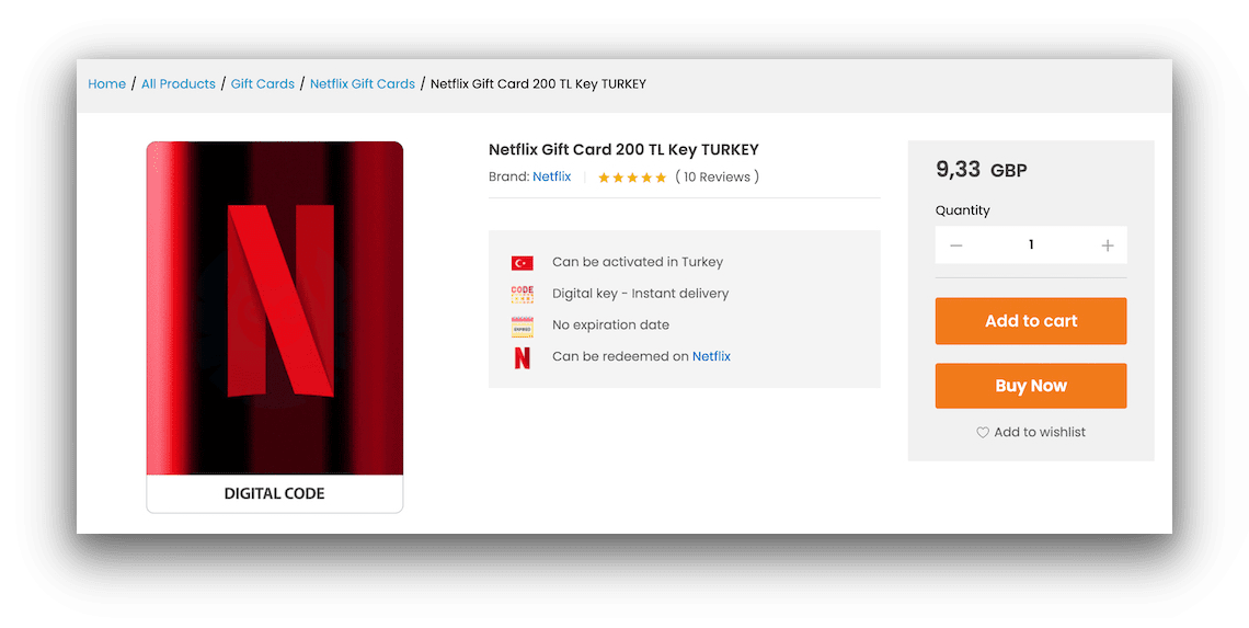 Achat d'une carte cadeau Netflix turque via le revendeur Turgame