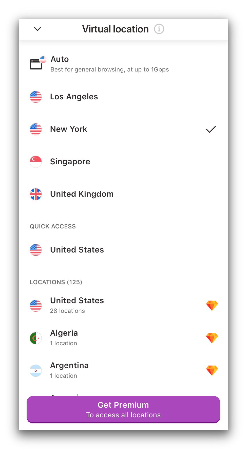 Free servers in VPN 360's Android app.