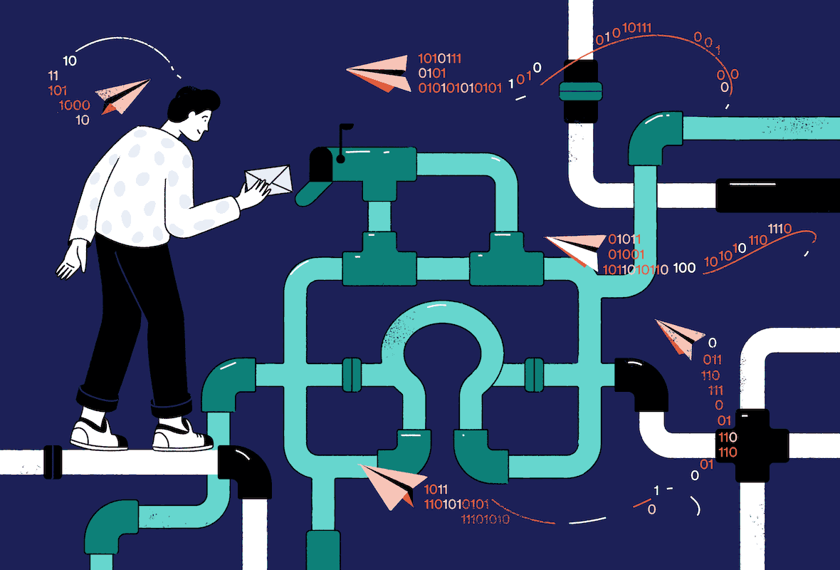 Ilustracja przedstawiająca mężczyznę, który umieszcza wiadomość w sieci bezpiecznych rur chroniących ją przez niezabezpieczonymi danymi poza rurami.