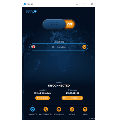 VPN.AC main screen disconnected view screenshot in our VPN.AC VPN review