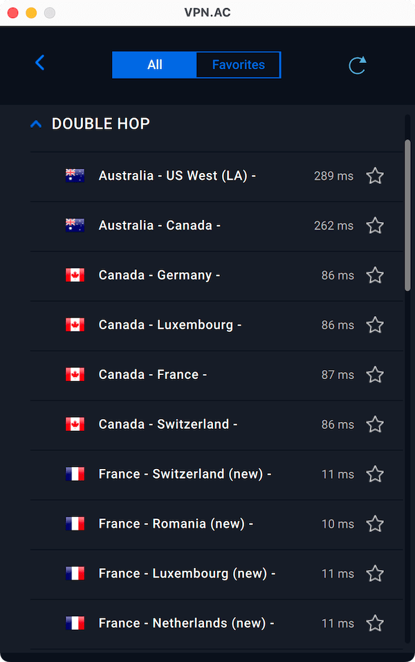 VPN.AC's Double Hop server selection