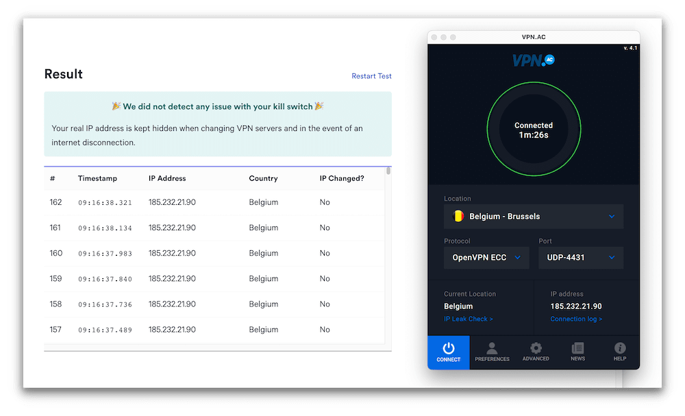 Kill switch test results with VPN.AC on macOS showing no leaks