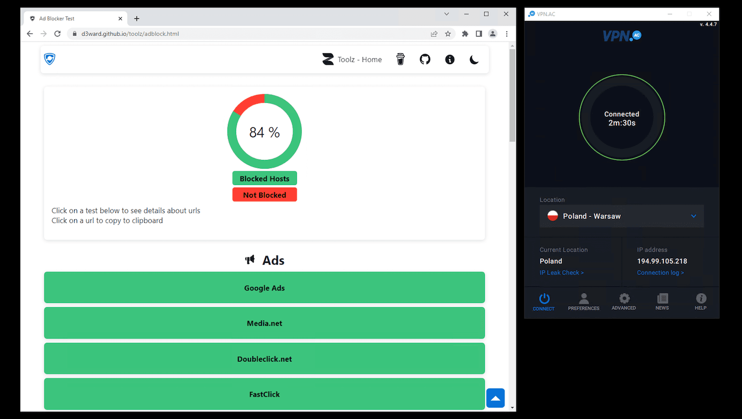 VPN.AC está siendo probado por un tercero para comprobar su efectividad como un bloqueador de anuncios y rastreo