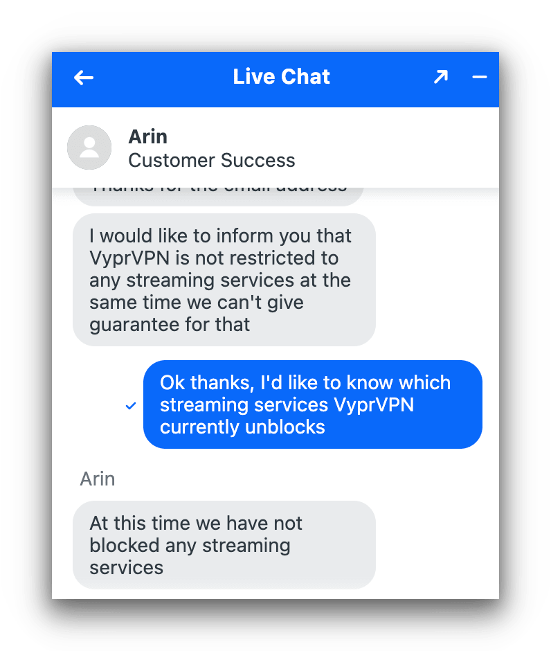 L'agent du support client de VyprVPN comprend mal une question sur les services de streaming que VyprVPN débloque.