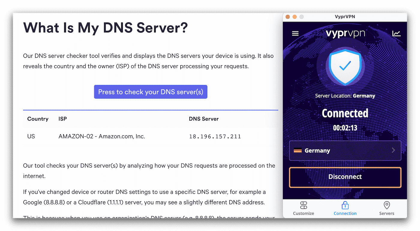 Schermata di test dei server DNS con VyprVPN. Mostra un server DNS di proprietà di Amazon.