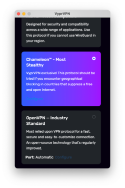 Schermata della pagina dei protocolli di VyprVPN in macOS.