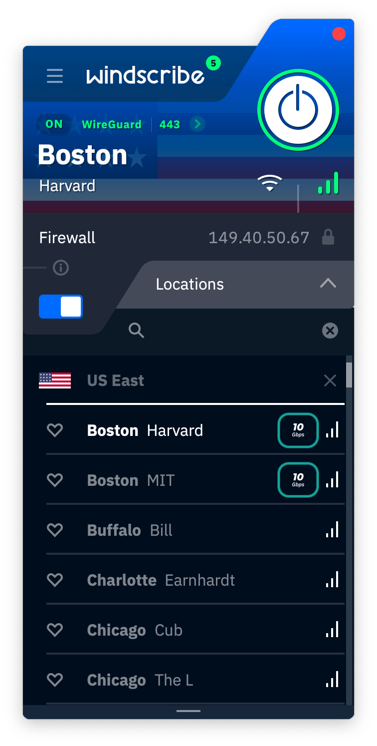 Windscribe app server list, with the icons for its 10Gbps servers highlighted.