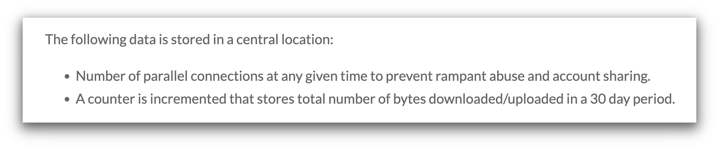 An excerpt from Windscribe VPN's terms and conditions which states that it has the right to suspend accounts suspected of 'rampant' sharing and usage.