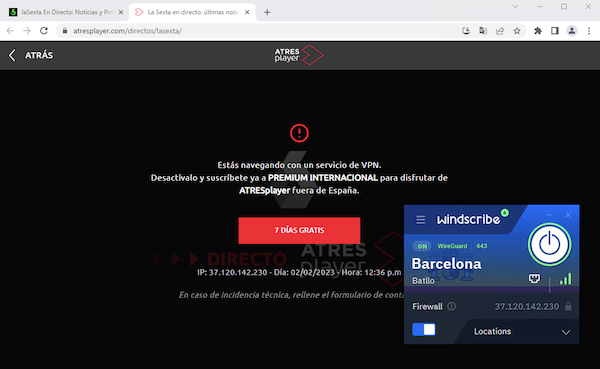 Windscribe intentando desbloquear La Sexta