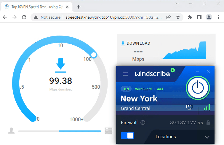 Probando las velocidades de conexión de Windscribe