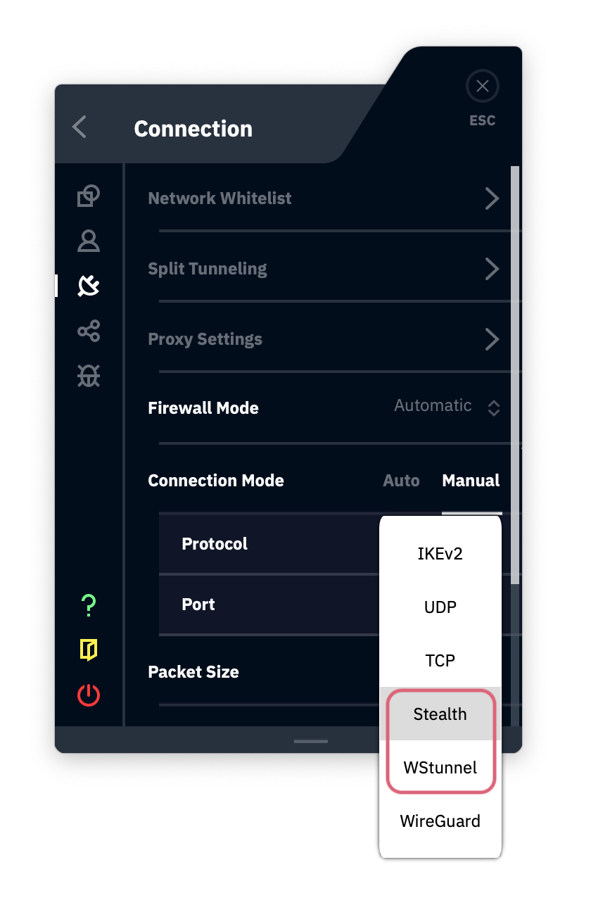 Screenshot of Windscribe's Connection settings, showing Connection Mode in Manual, and protocol options, including Stealth and WStunnel.