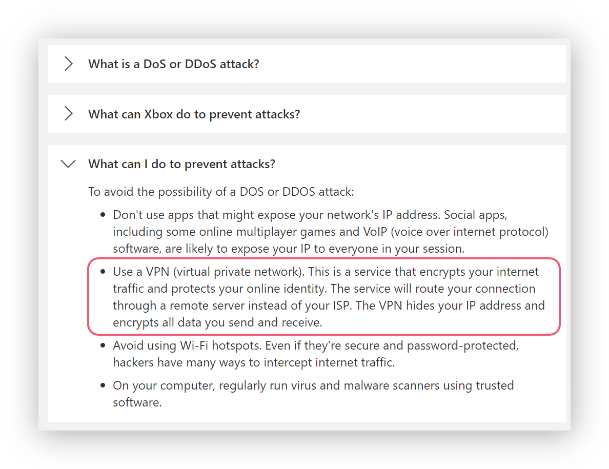 La ayuda de Xbox aconseja usar una VPN para evitar ataques DoS y DDoS.