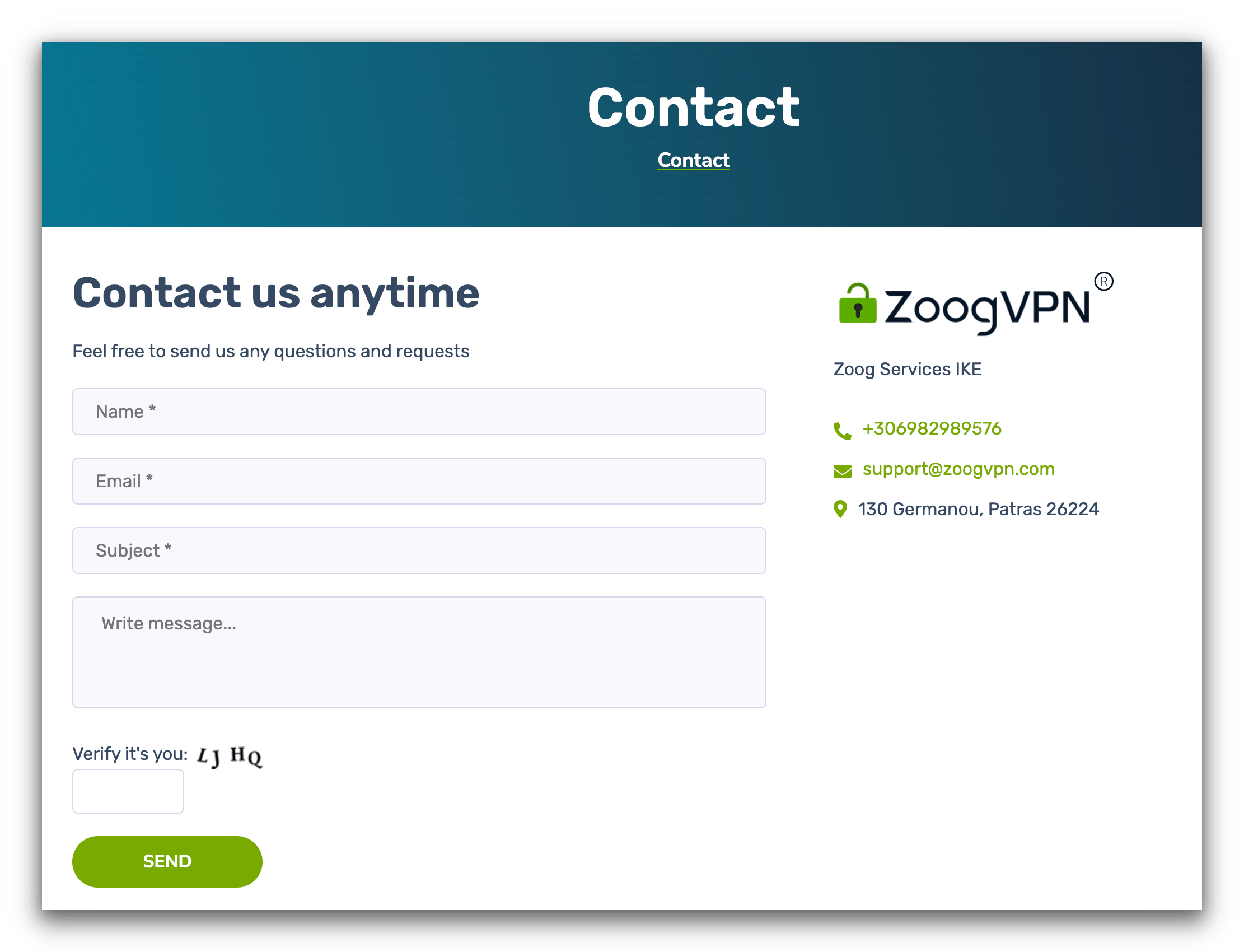 La página de contacto de ZooogVPN. 