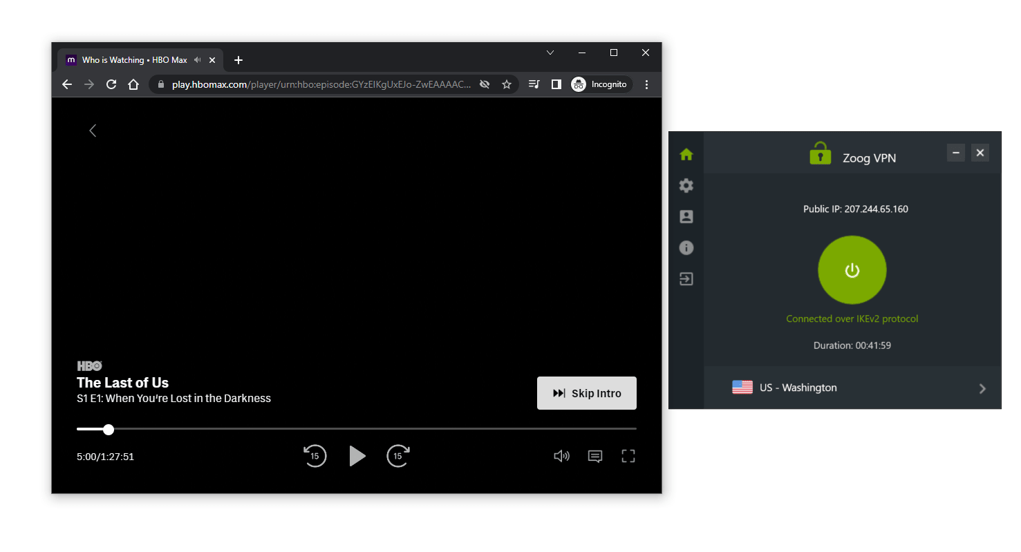 Podczas naszych ostatnich testów serwer ZoogVPN Free w Waszyngtonie działał z HBO Max
