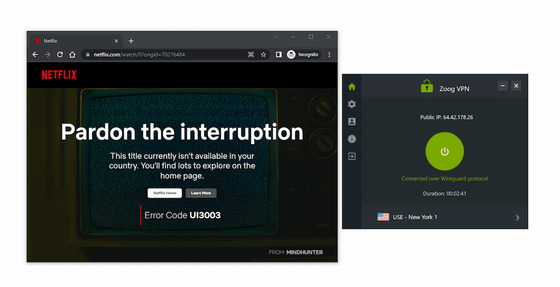 Connected to ZoogVPN’s New York server we weren’t able to stream Netflix.