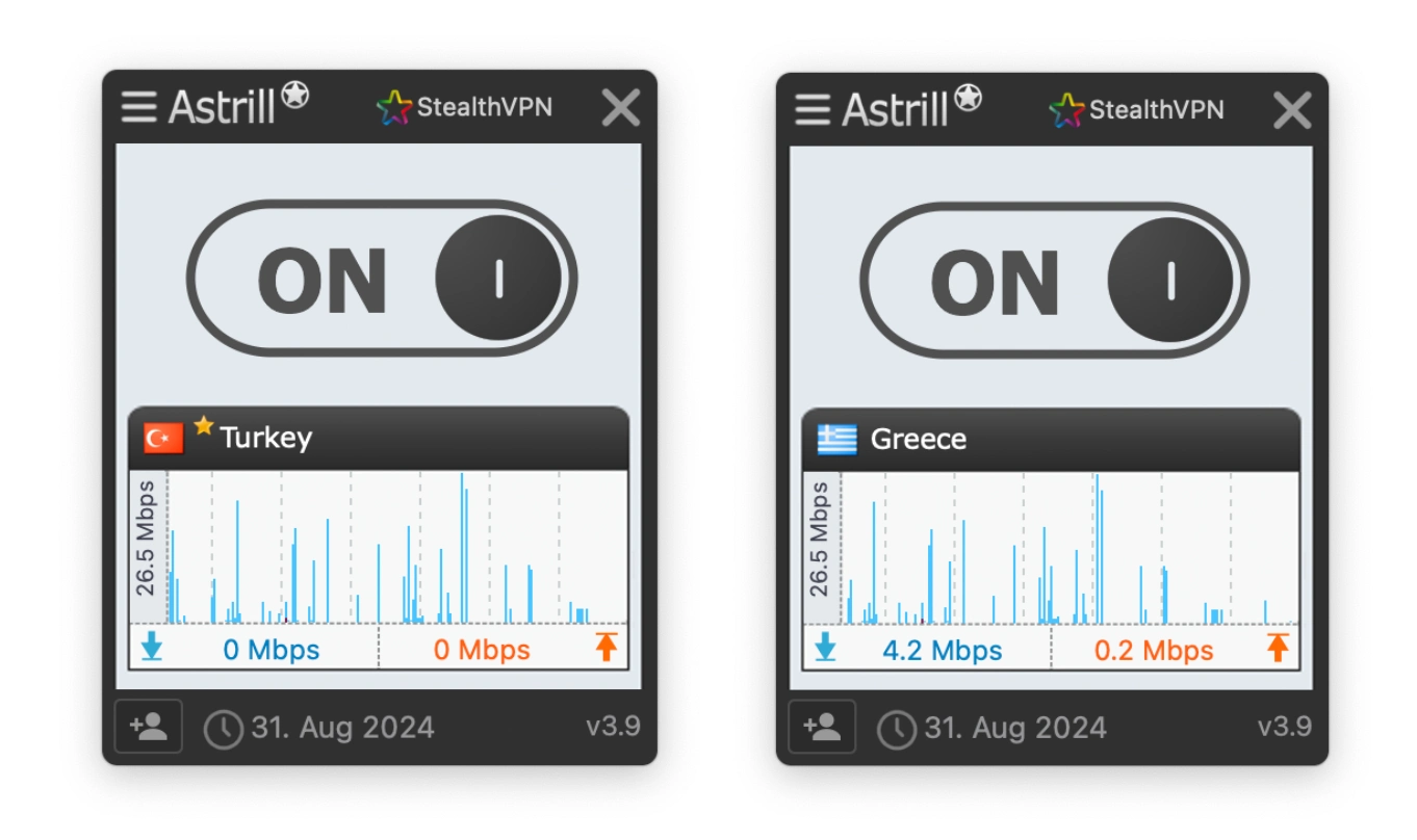 Screenshot von Astrill VPN, das mit Servern in der Türkei und Griechenland verbunden ist.