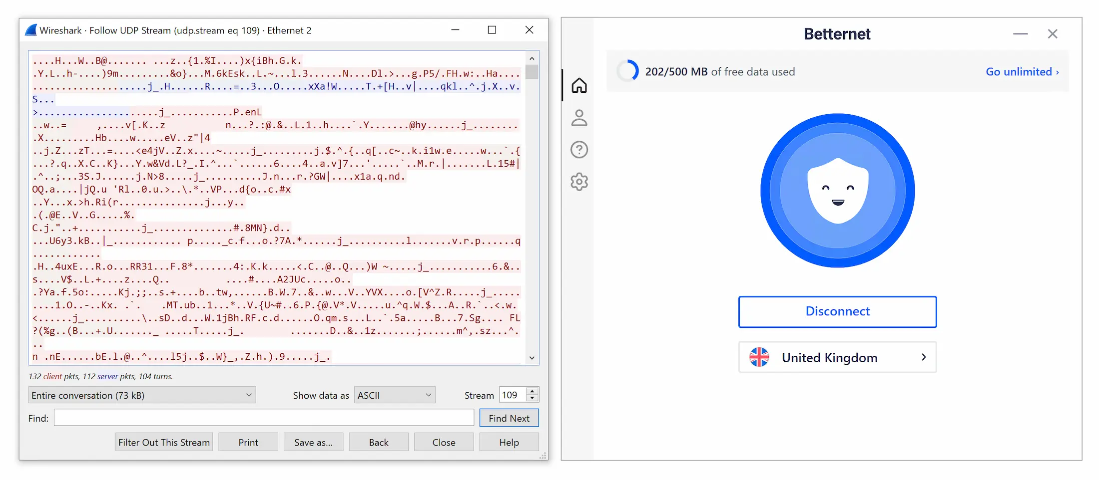 Testing Betternet's VPN encryption with Wireshark