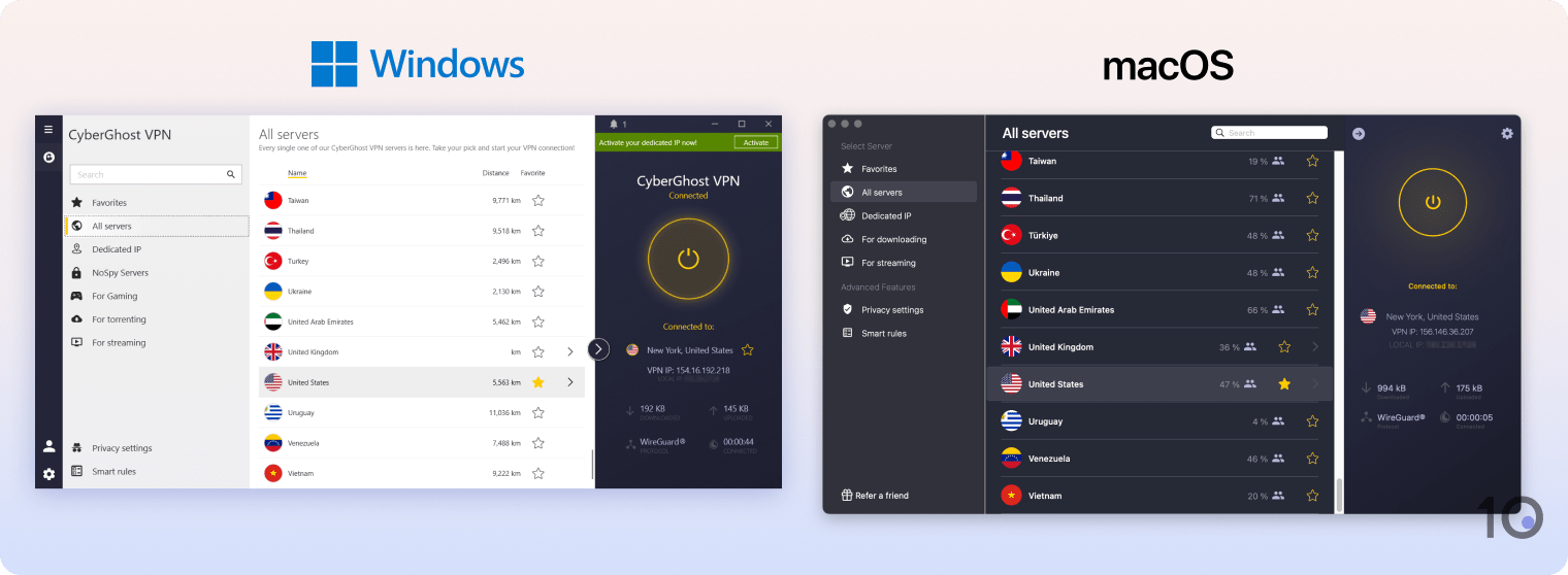CyberGhost's apps for Windows and macOS 