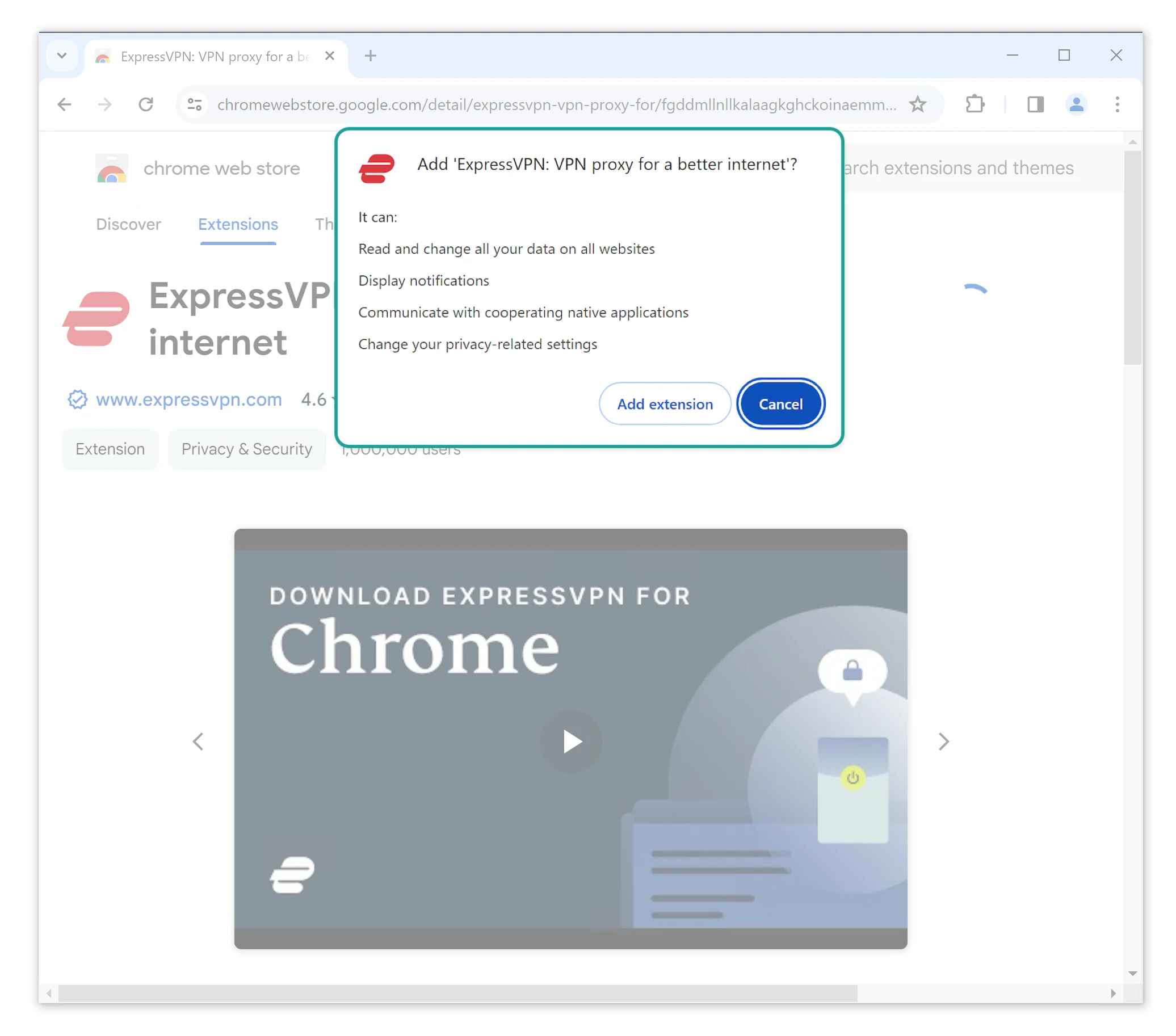 ExpressVPN Chrome extension permissions request