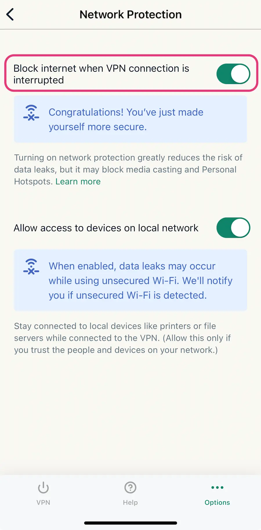 ExpressVPN's iOS app settings. Two toggles are shown: "Block internet when VPN connection is interrupted", which functions as a kill switch, is enabled and highlighted.