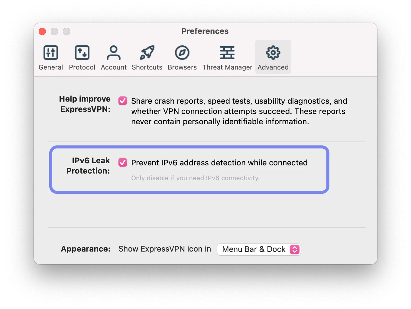 Screenshot of ExpressVPN's macOS Advanced Settings, highlighting its IPv6 Leak Protection.