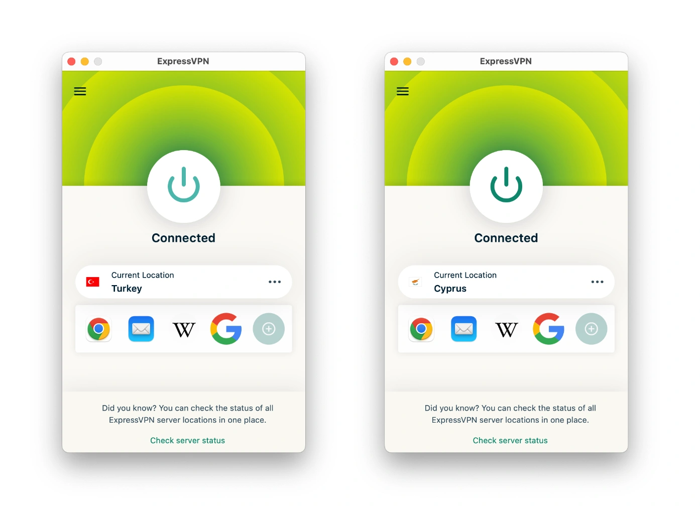 튀르키예와 사이프러스에 연결된 ExpressVPN 맥OS 클라이언트 화면