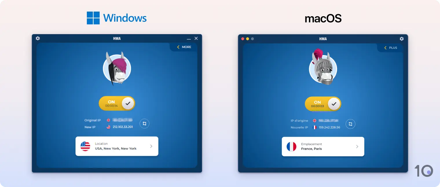 Comparaison des applications Windows et macOS de HMA VPN