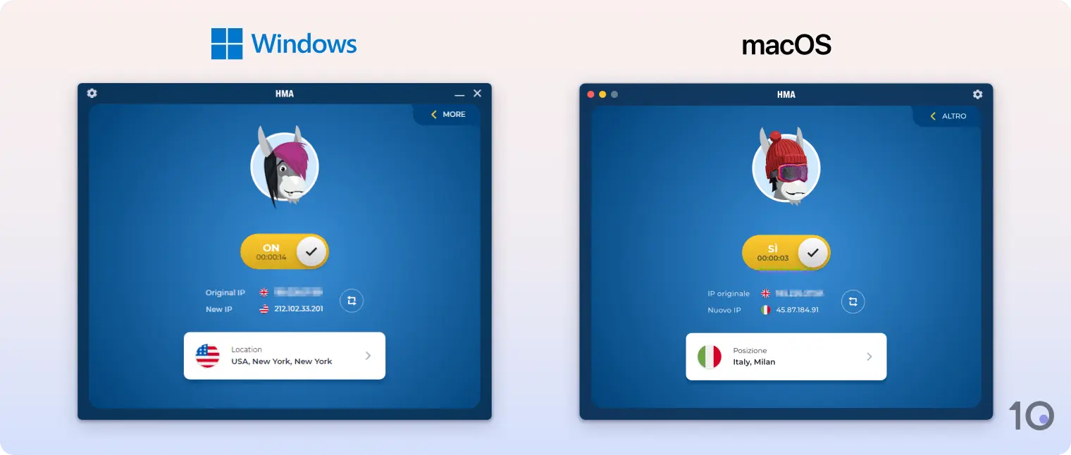 App Windows e macOS di HMA VPN affiancate