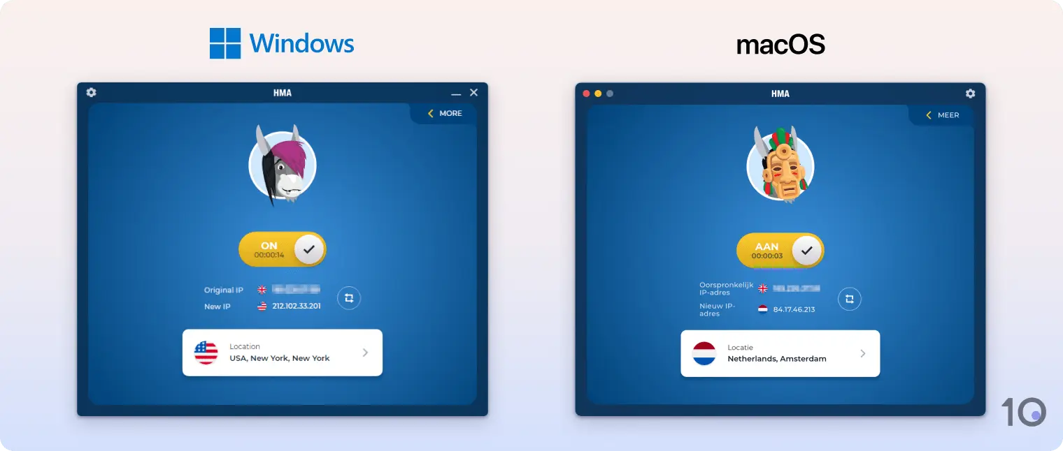HMA VPN's Windows- en macOS-apps naast elkaar