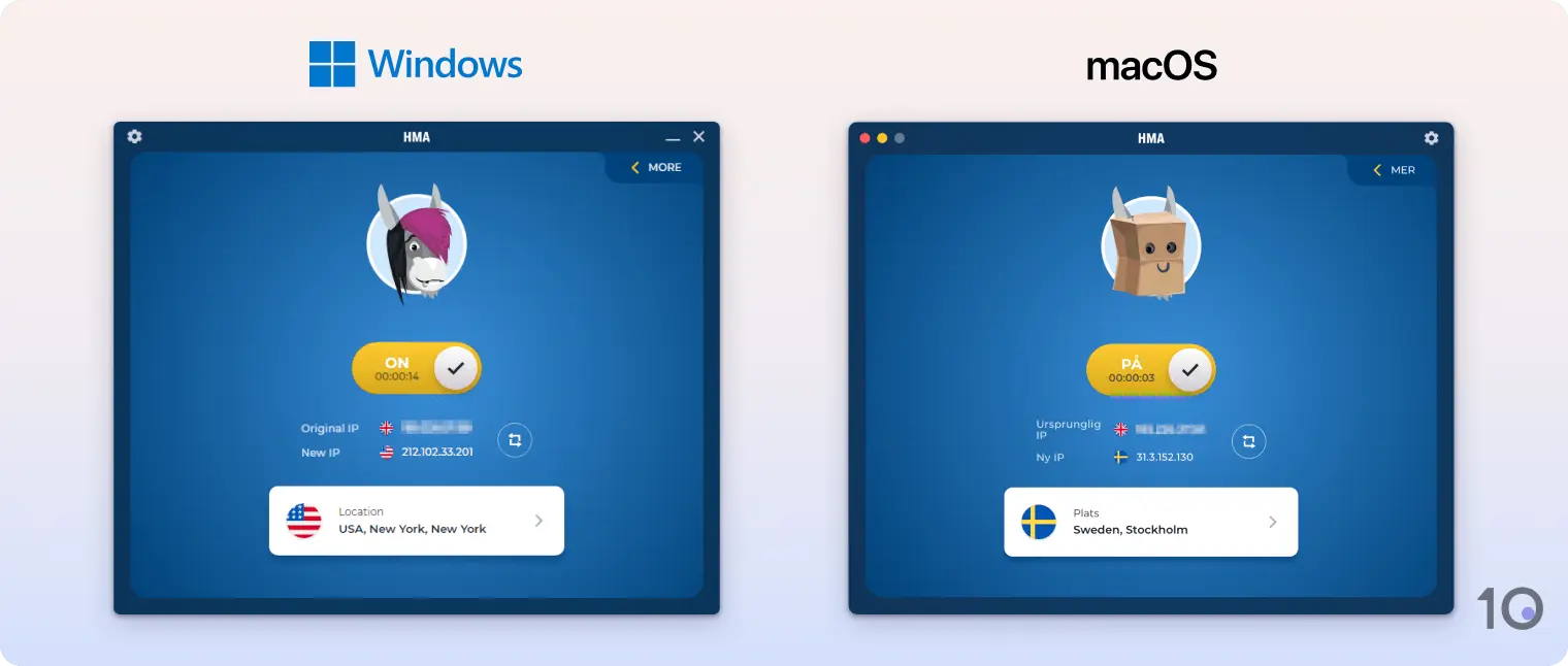 Jämförelse av HMA VPN Windows- och macOS-appar