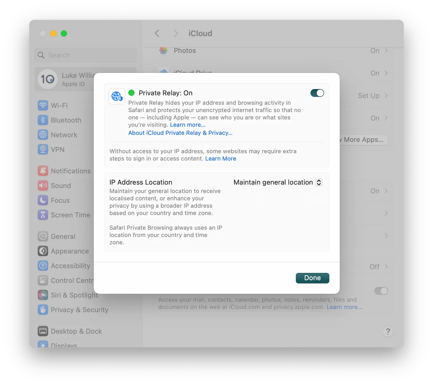 Ventana de ajustes de iCloud Private Relay en macOS