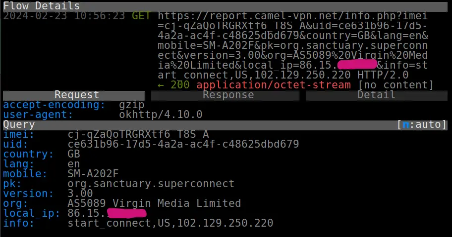 Screenshot of network traffic capture showing IP Address collection by Star VPN