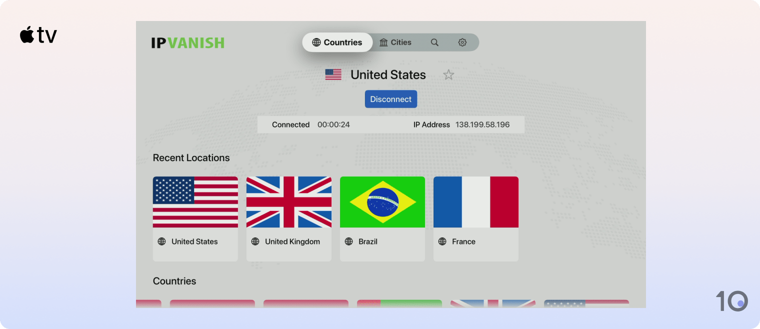 IPVanish's app for Apple TV