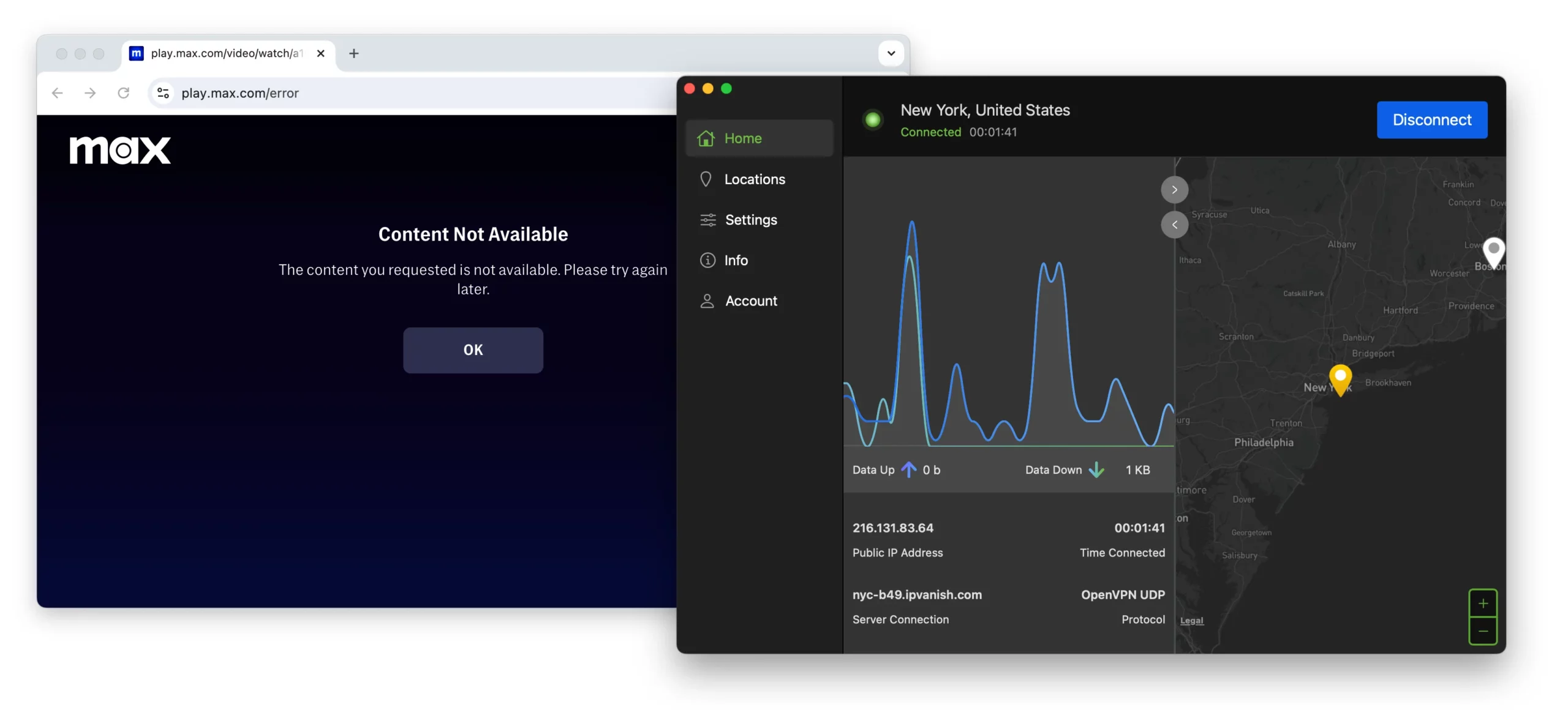 Failing to unblock Max with IPVanish