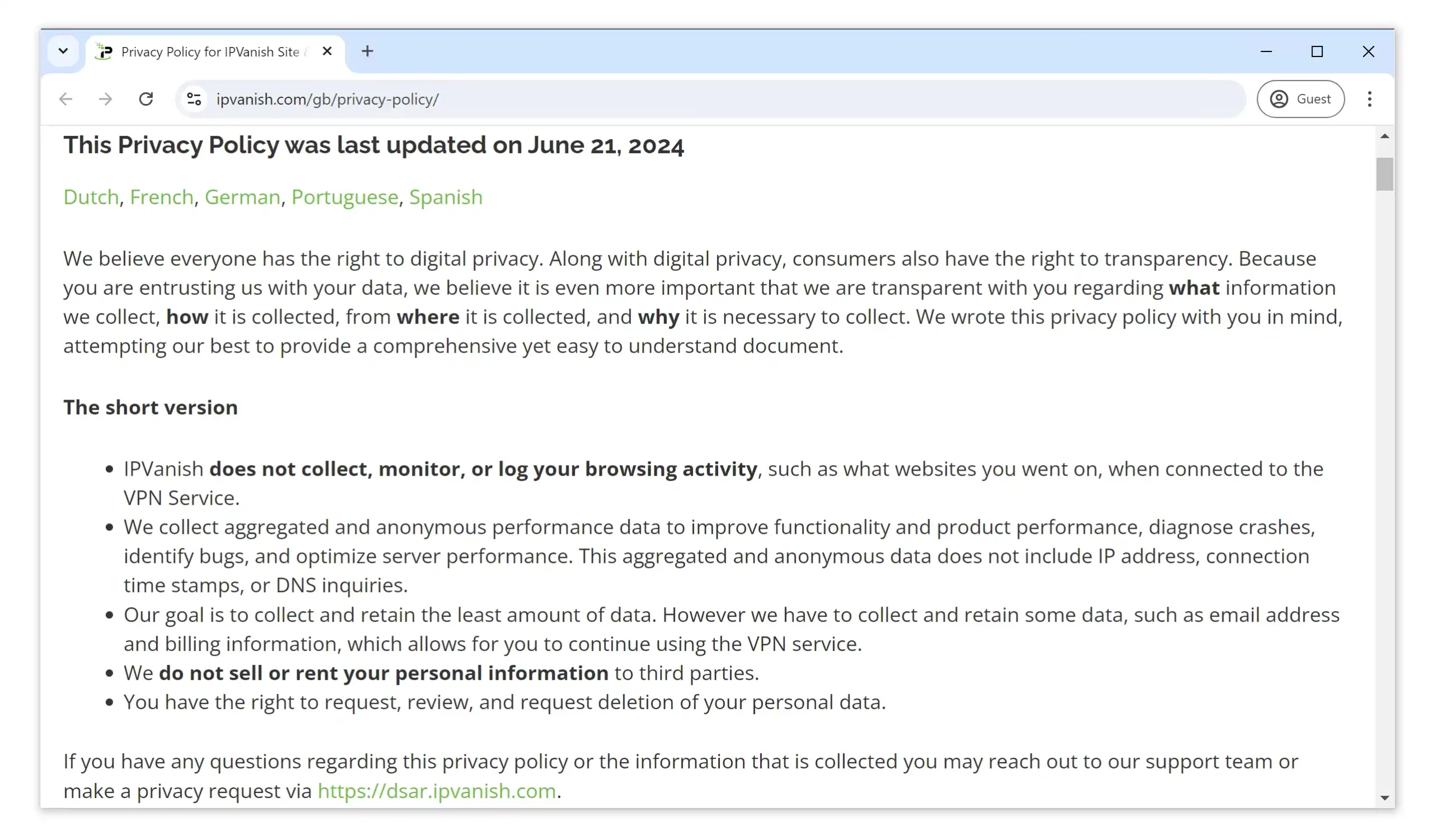 Excerpt from IPVanish's privacy policy