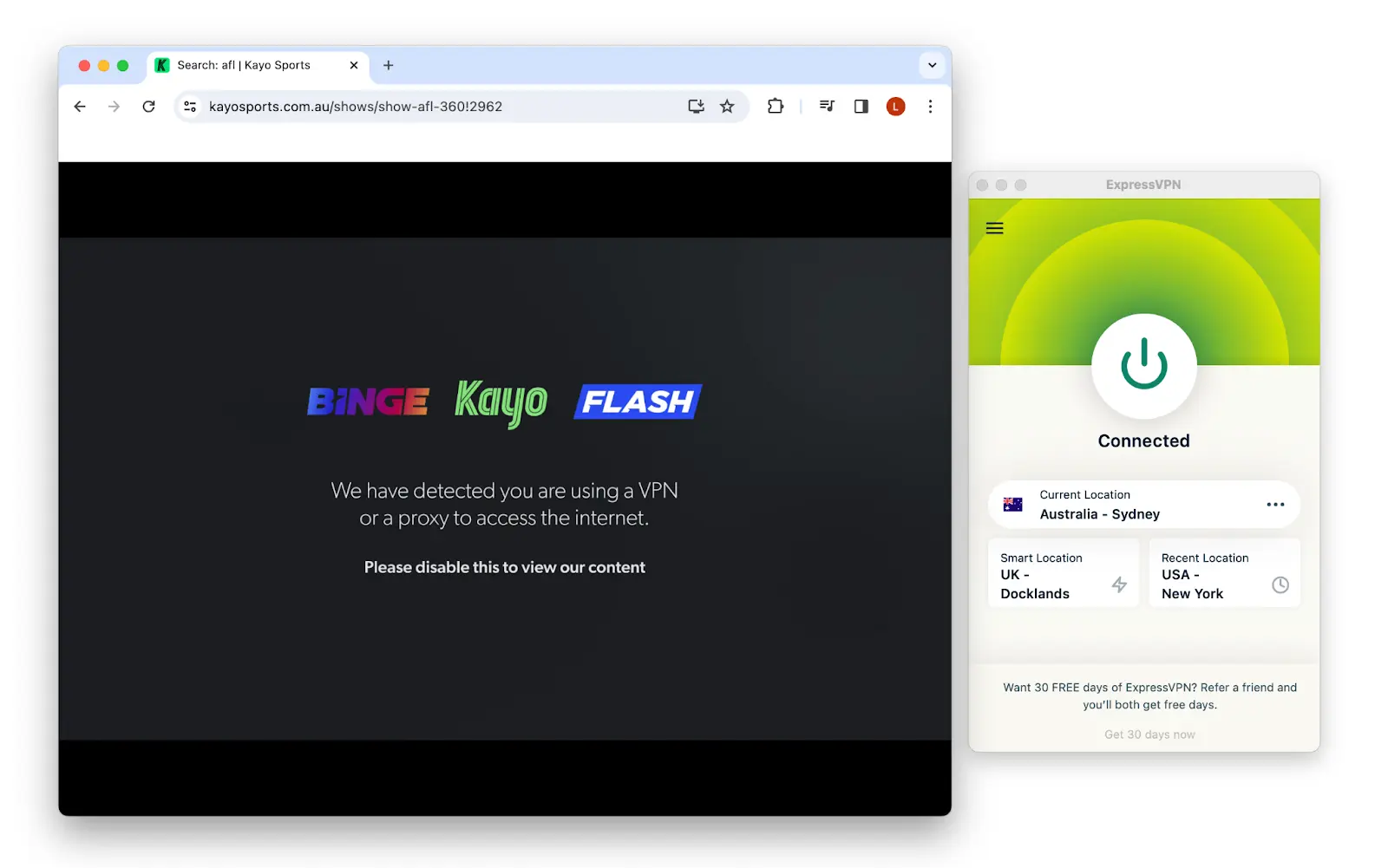 ExpressVPN does not unblock Kayo Sports