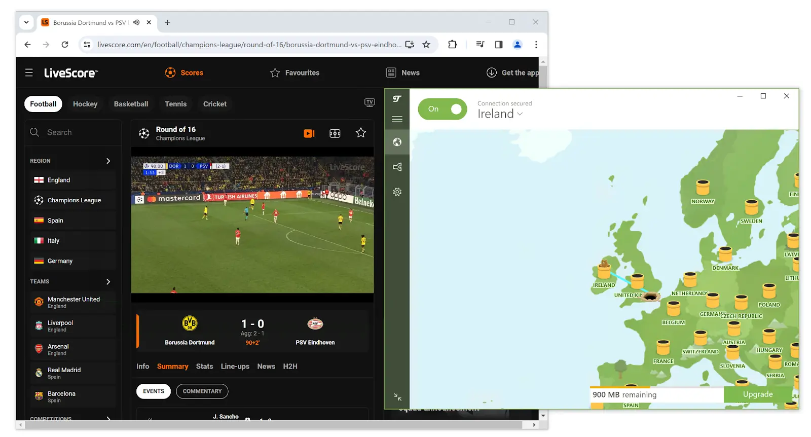 Utilisation de TunnelBear Gratuit pour débloquer LiveScore et regarder l'UCL 