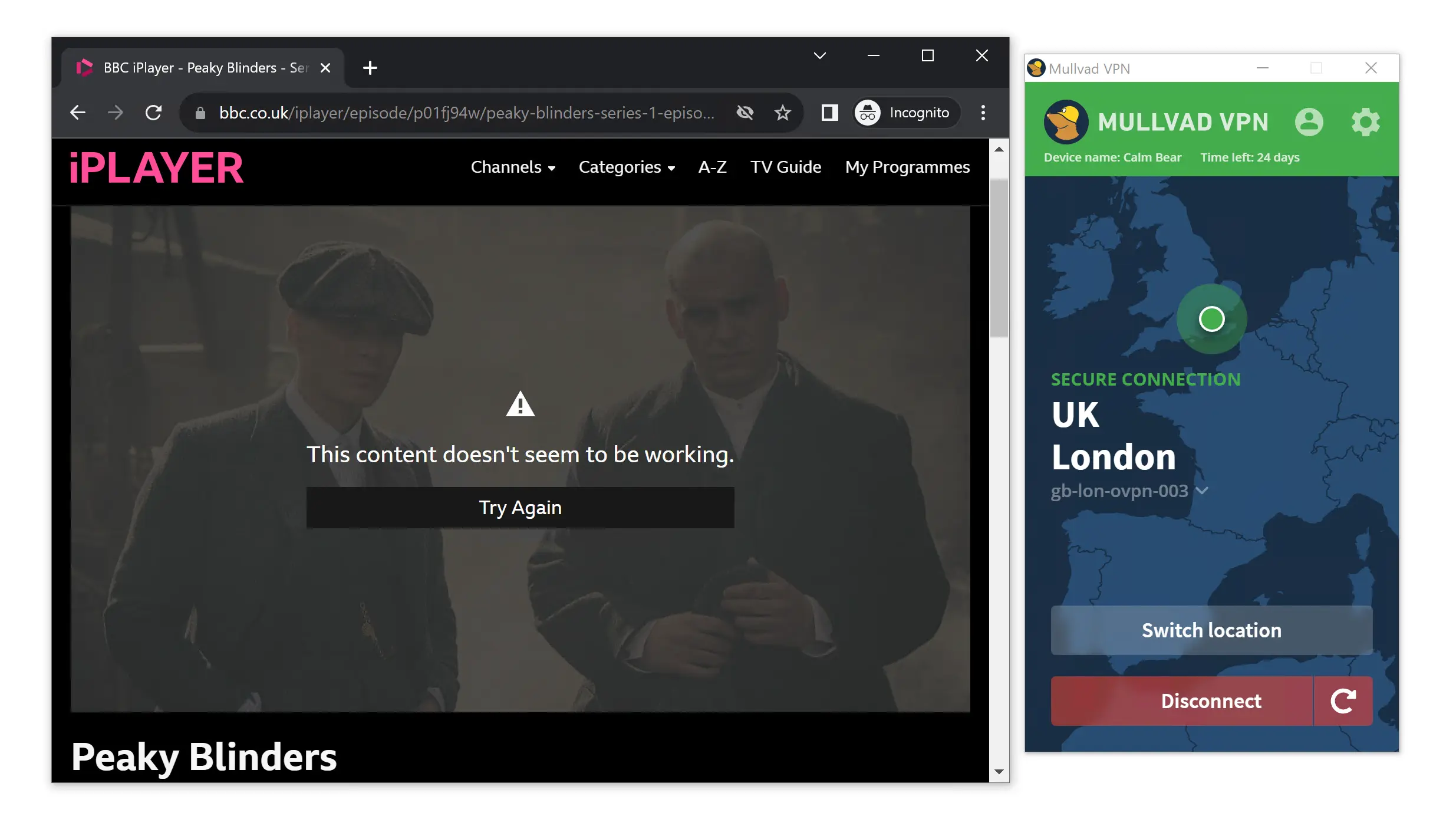 Test du VPN Mullvad avec BBC iPlayer