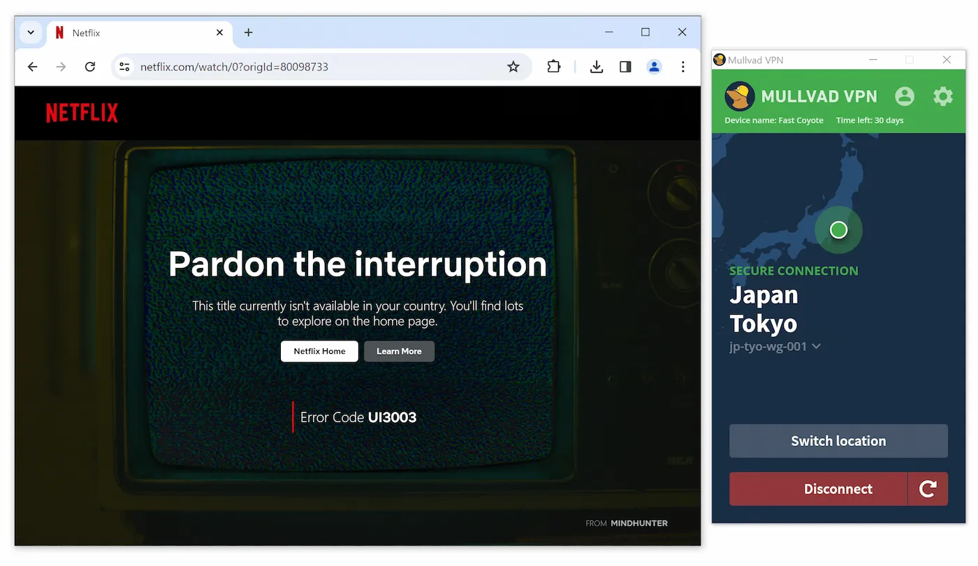 Le VPN Mullvad est détecté et bloqué pour l'accès à Netflix.