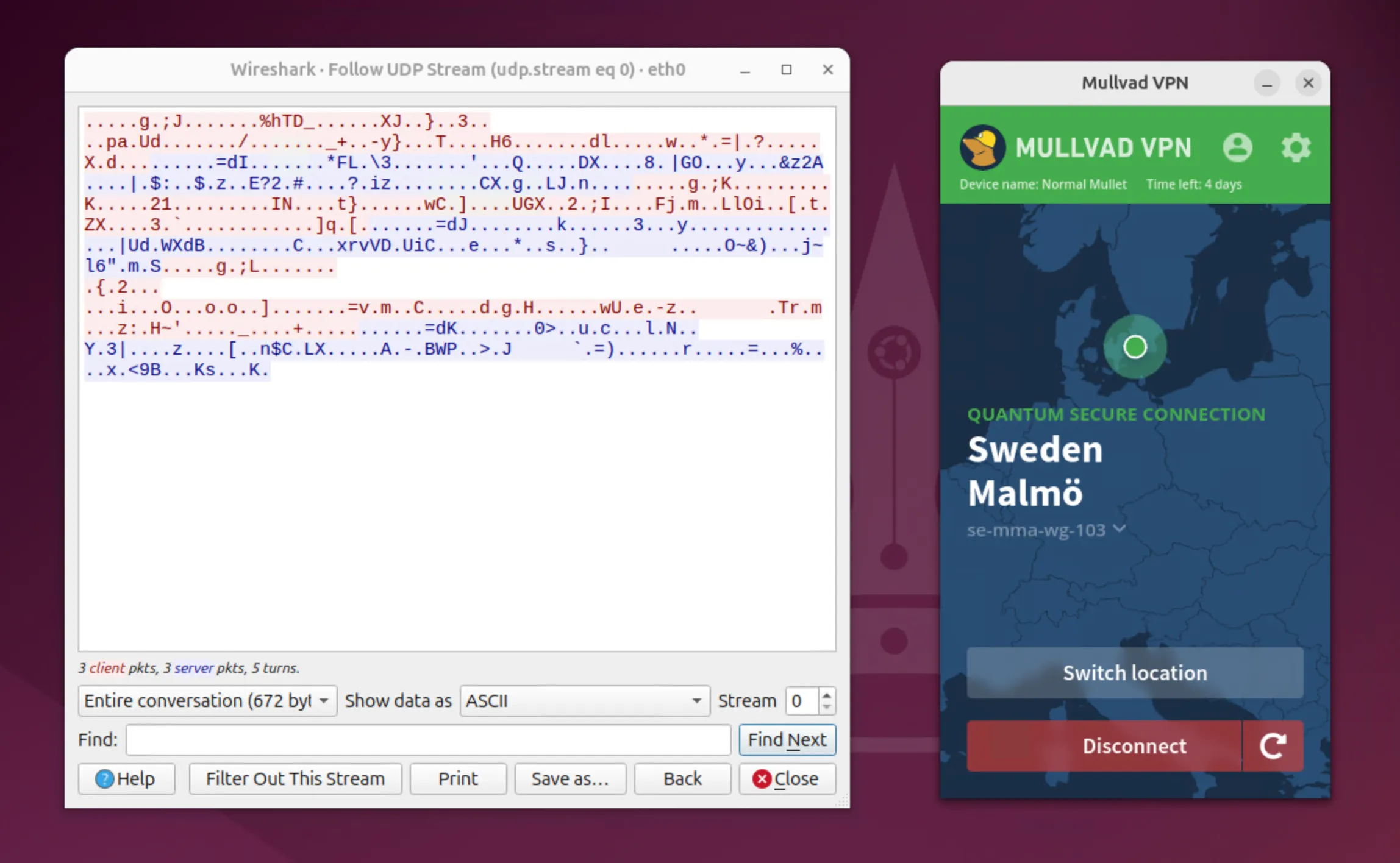 Wireshark results alongside Mullvad's Linux app.