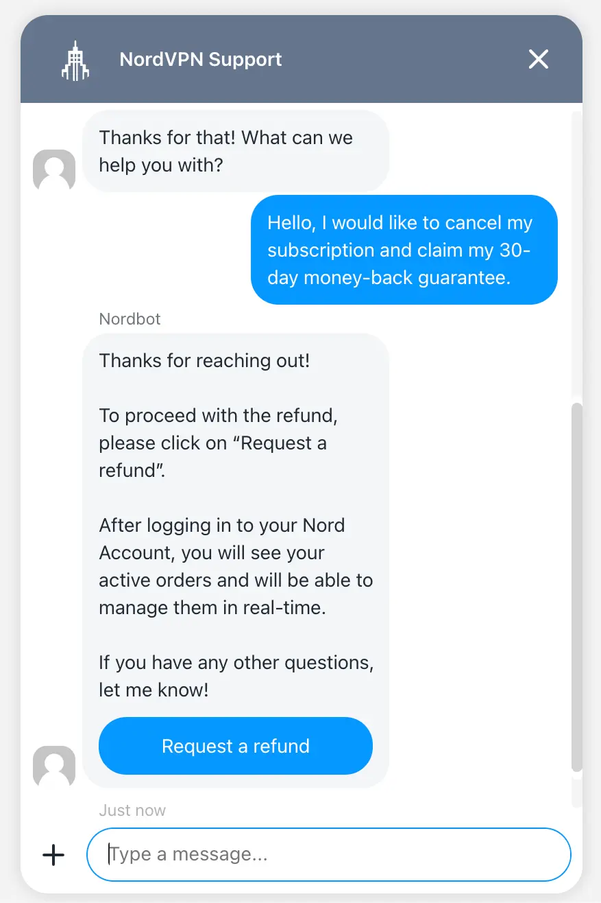 Suporte por chat da NordVPN para solicitação de reembolso