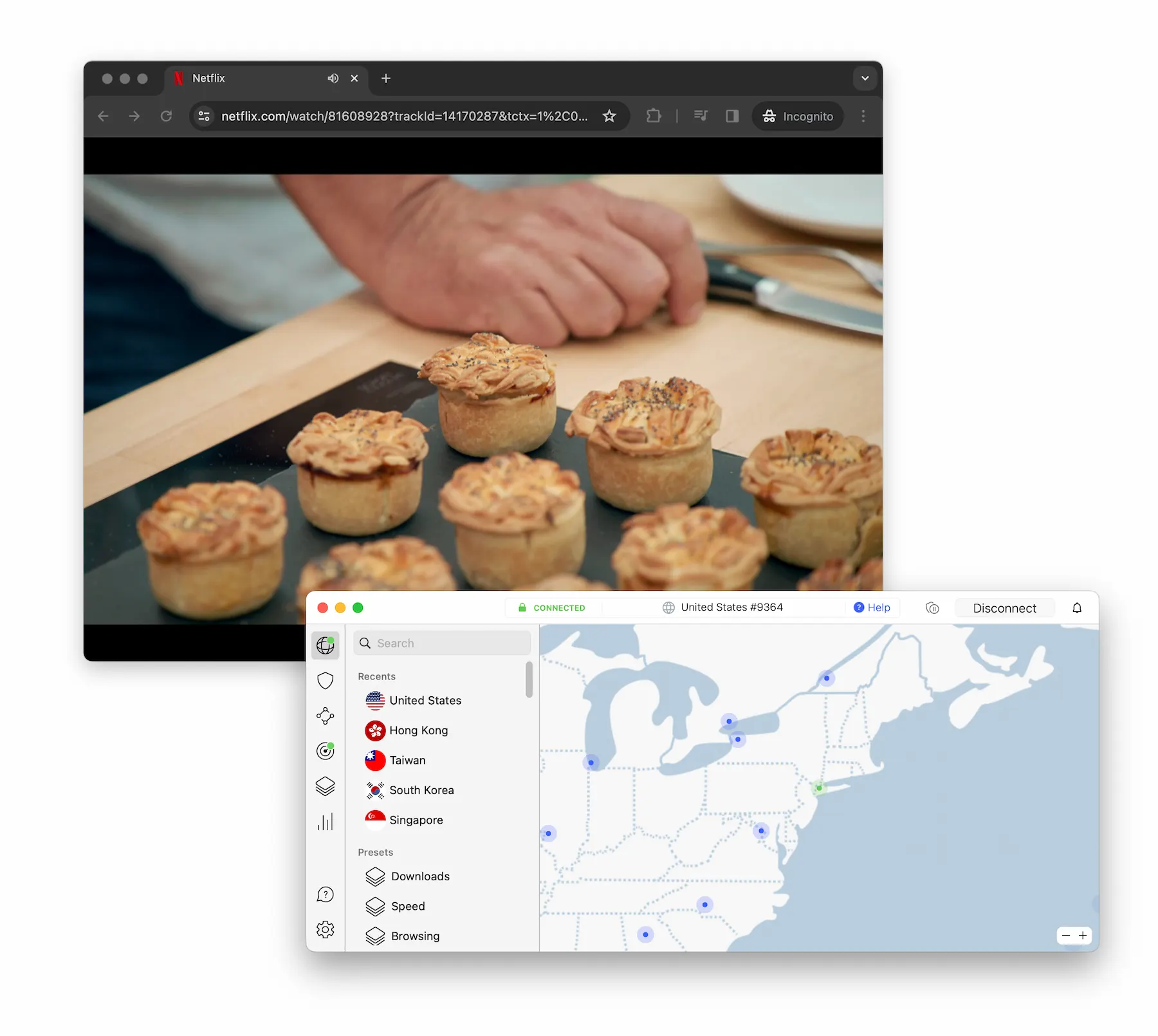 Screenshot des NordVPN-Servers in New York, der US Netflix entsperrt.