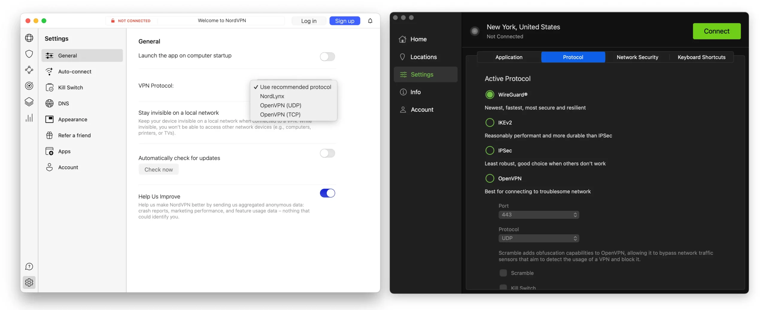 Side-by-side comparison of NordVPN and IPVanish's protocol selection