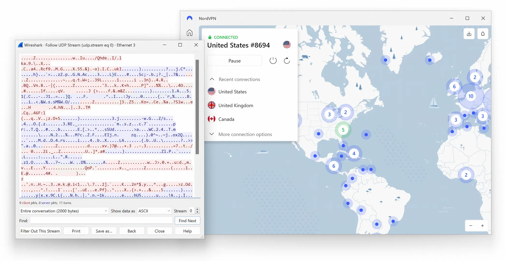 Resultados Wireshark da NordVPN no Windows 11