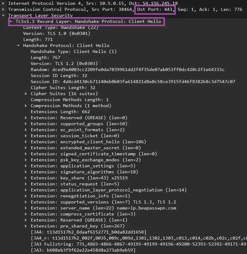 Client Hello packet from a VPN client initiating contact with a VPN server over TCP on port 443