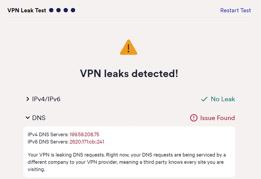 Screenshot of failed DNS leak test for Opera VPN